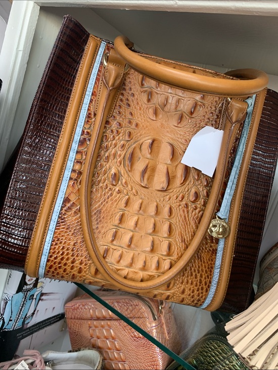 Brahmin Handbags - Brahmin Tan and Dark Brown Croc-Embossed Leather Tote with Gold Charm